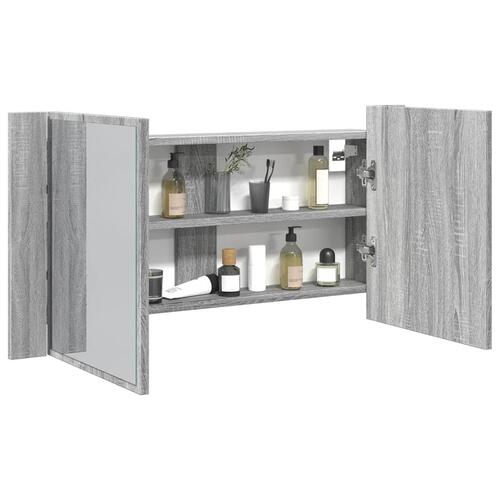 Skab med spejl og LED-lys 90x12x45 cm akryl grå sonoma-eg