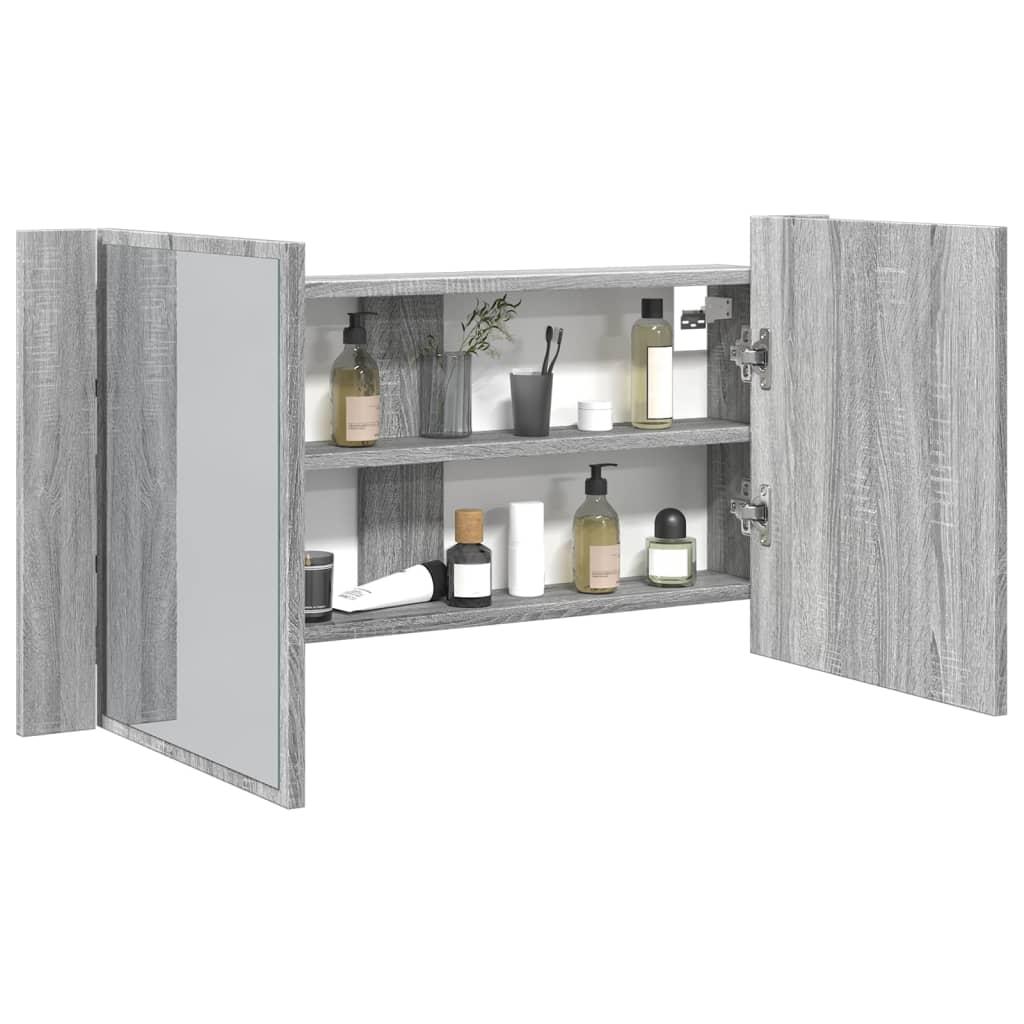 Skab med spejl og LED-lys 90x12x45 cm akryl grå sonoma-eg