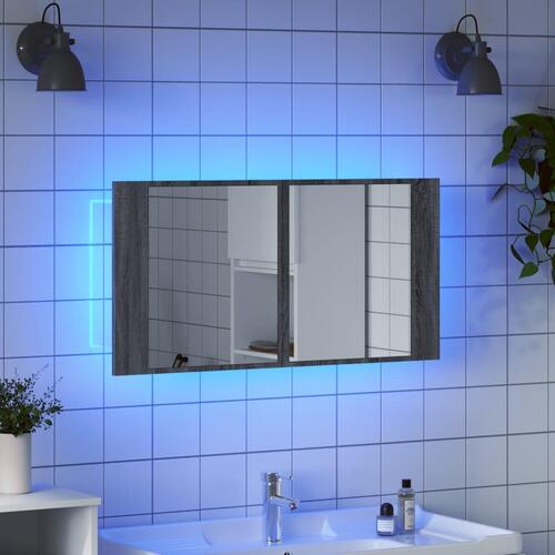 Skab med spejl og LED-lys 90x12x45 cm akryl grå sonoma-eg