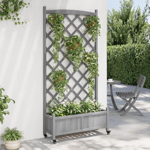 Plantekasse med espalier og hjul massivt fyrretræ grå