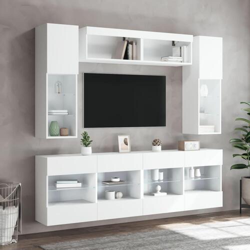 Væghængt tv-møbel 6 dele med LED-lys hvid