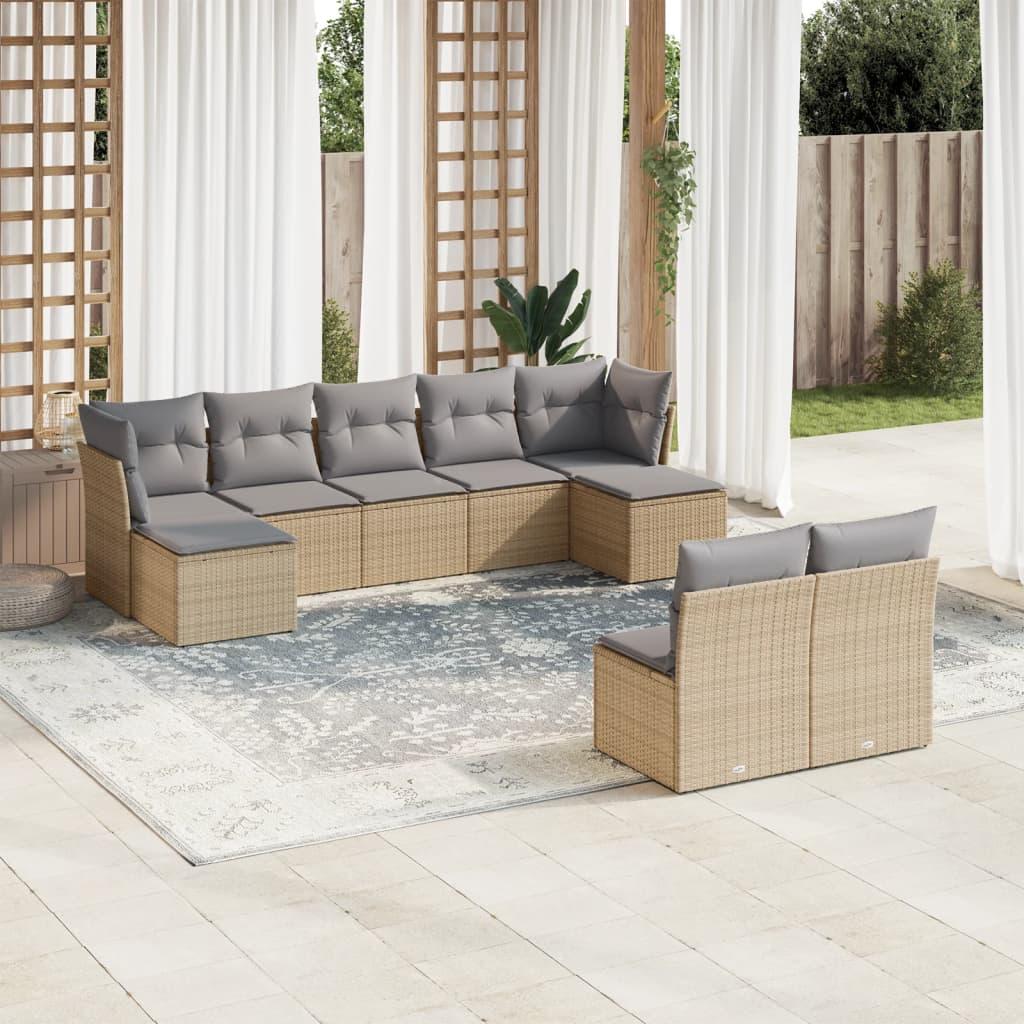Sofasæt til haven i polyrattan - 9 dele med hynder, beige/lysegrå