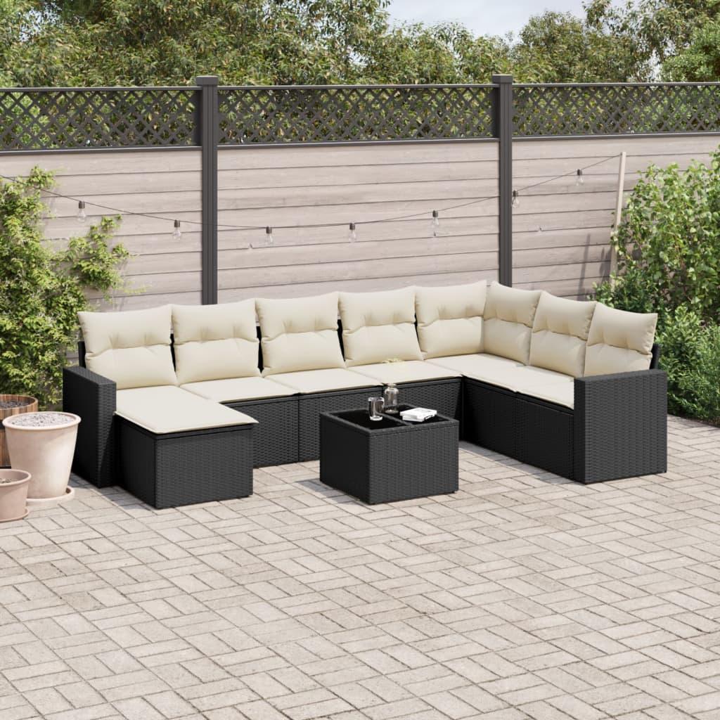 Sofasæt Til Haven 9 Dele Med Hynder Polyrattan - Sort og cremefarvet / Med bord