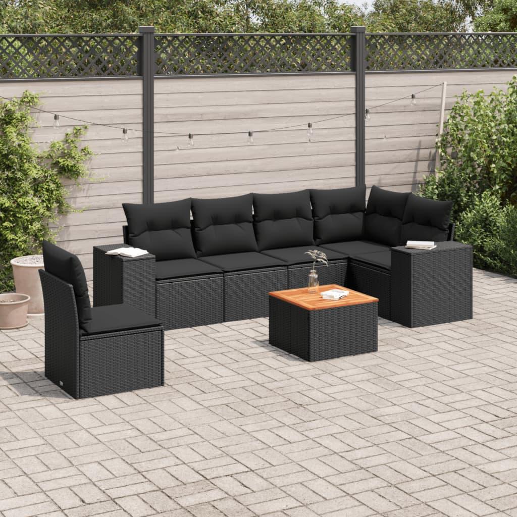 Sofasæt Til Haven 7 Dele Med Hynder Polyrattan - Sort / hjørnedel bord 3x midterdel