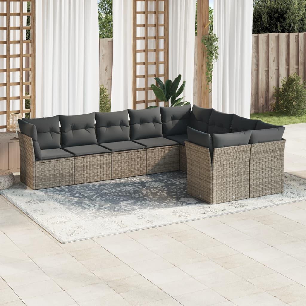 Sofasæt til haven i polyrattan - 9 dele med hynder, grå