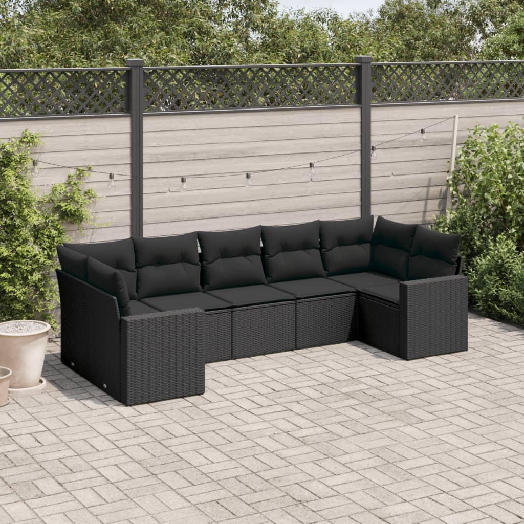 Sofasæt til haven i polyrattan - 7 dele med hynder, sort