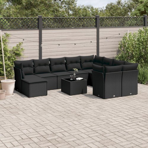 Sofasæt til haven 10 dele med hynder og glasbord i polyrattan sort
