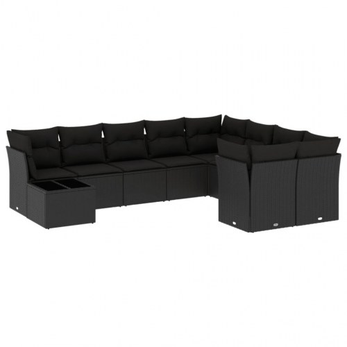 Sofasæt til haven 10 dele med hynder og glasbord i polyrattan sort