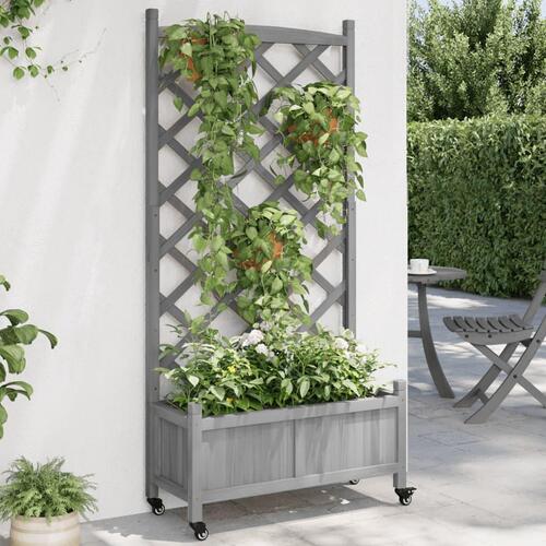 Plantekasse med espalier og hjul massivt fyrretræ grå