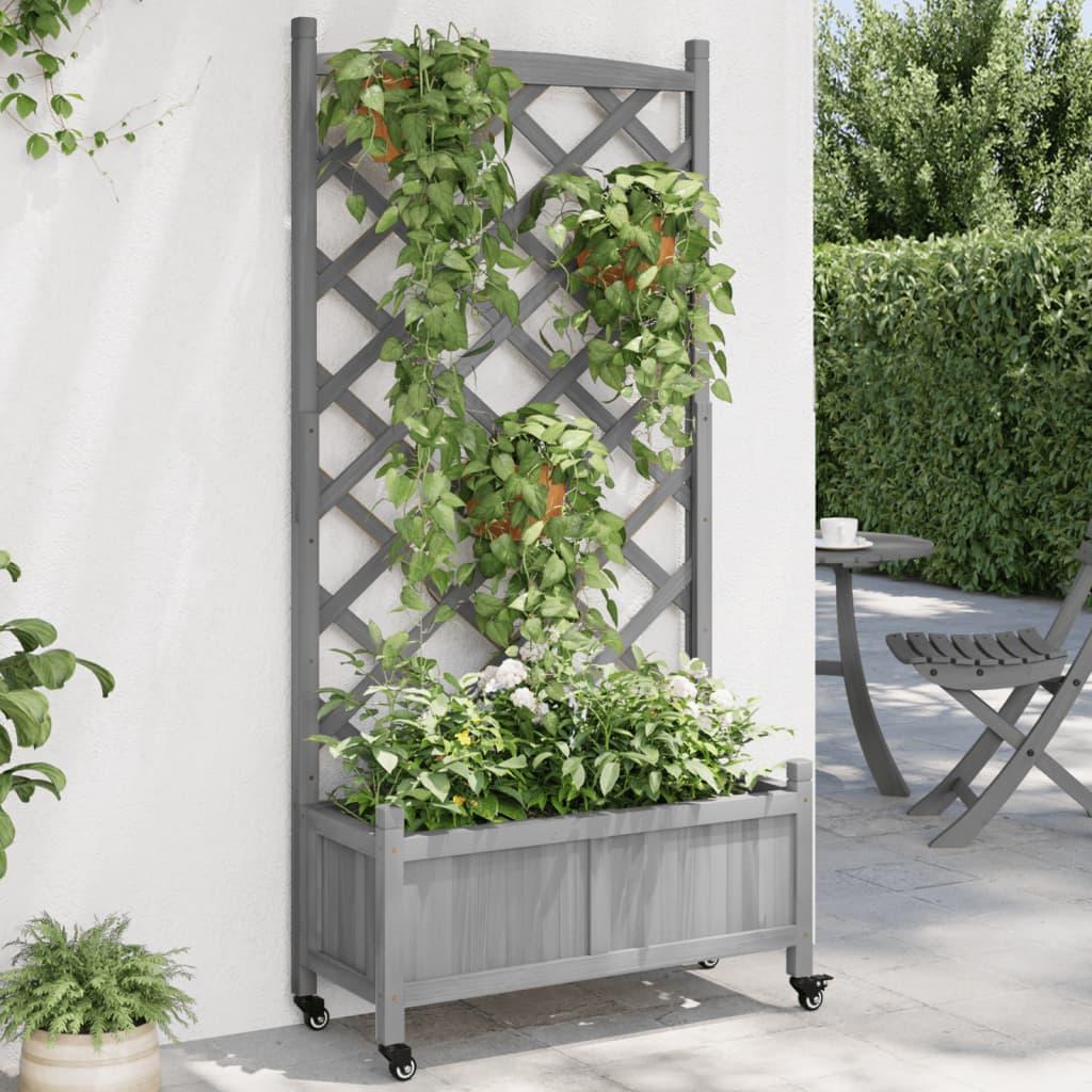 Plantekasse med espalier og hjul massivt fyrretræ grå