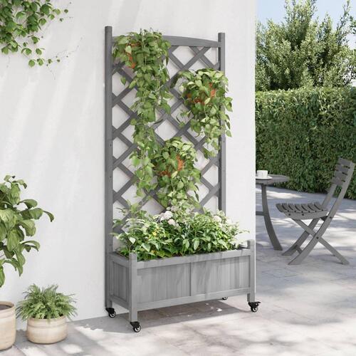 Plantekasse med espalier og hjul massivt fyrretræ grå