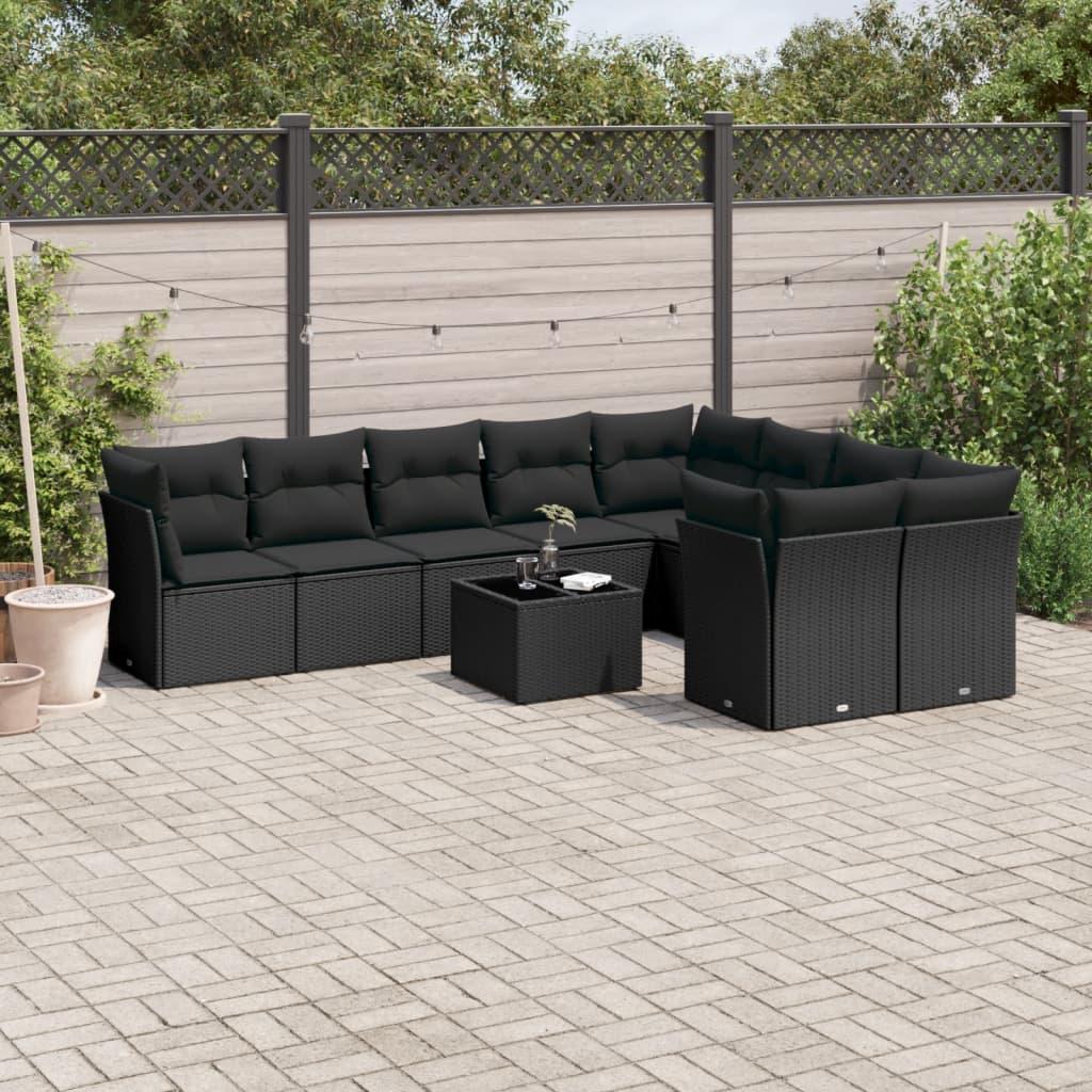 Sofasæt til haven 10 dele med hynder i polyrattan og glasbord - sort