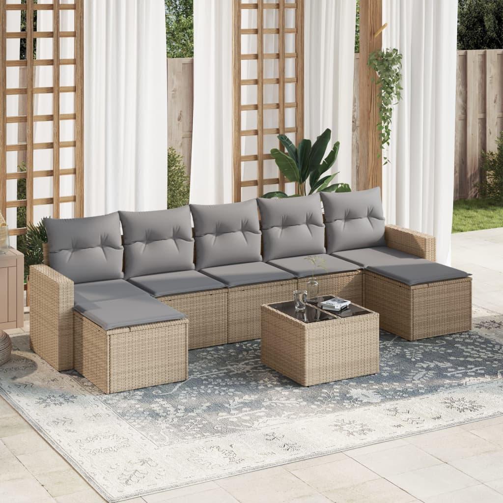 Sofasæt til haven i polyrattan - 8 dele med hynder, beige/lysegrå
