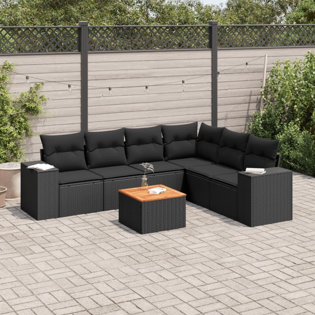 Sofasæt Til Haven 7 Dele Med Hynder Polyrattan - Sort / bord hjørnedel 3x midterdel