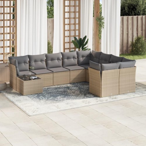 Sofasæt til haven i polyrattan, 10 dele - beige med lysegrå hynder