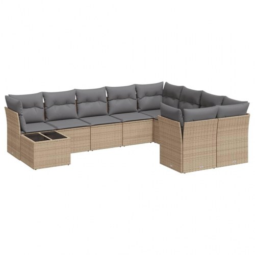 Sofasæt til haven i polyrattan, 10 dele - beige med lysegrå hynder