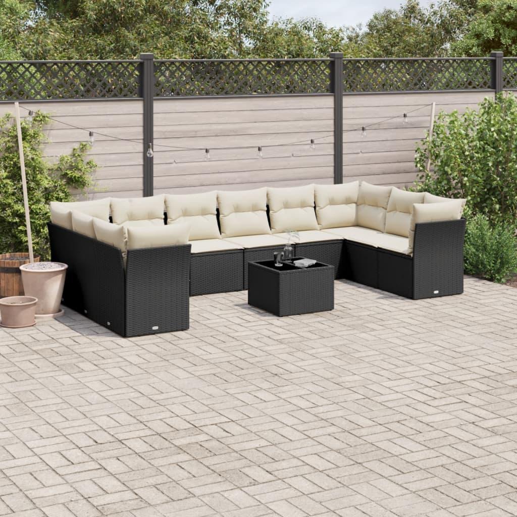 Sofasæt Til Haven 11 Dele Med Hynder Polyrattan - Sort og cremefarvet / Med bord