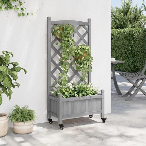 Plantekasse med espalier og hjul massivt fyrretræ grå
