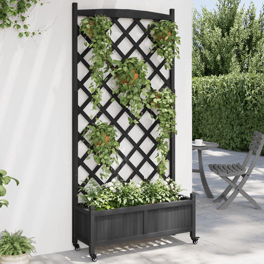 Plantekasse med espalier og hjul massivt fyrretræ sort