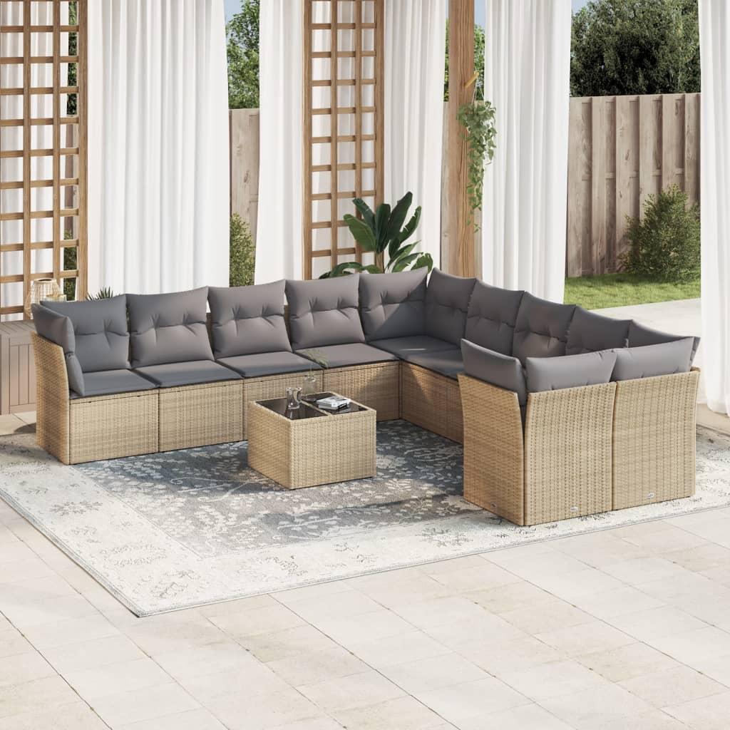 Sofasæt til haven i polyrattan - 11 dele med hynder, beige/lysegrå
