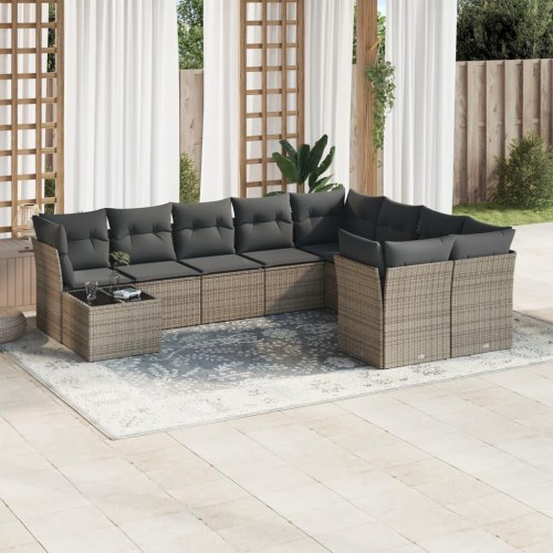 Havesofasæt i polyrattan - 10 dele med hynder, grå