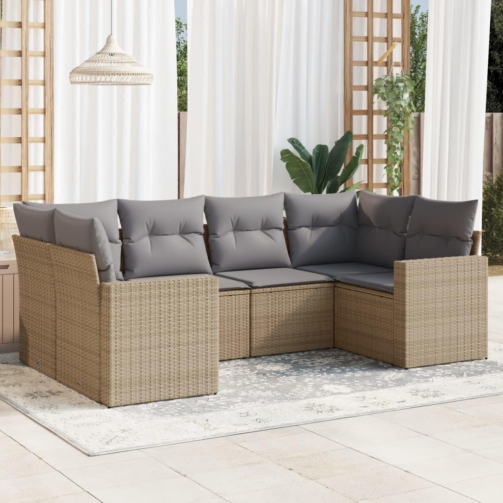 Sofasæt til haven i polyrattan - 6 dele med hynder, beige/lysegrå