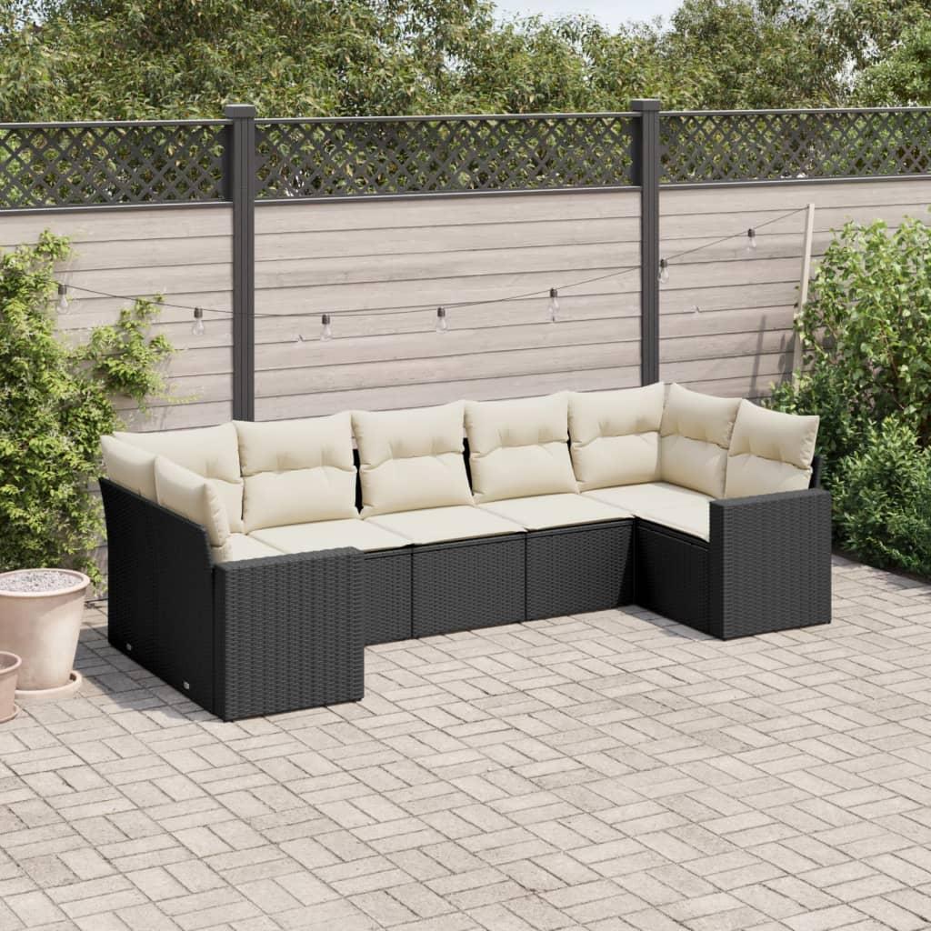 Sofasæt Til Haven 7 Dele Med Hynder Polyrattan - Sort og cremefarvet