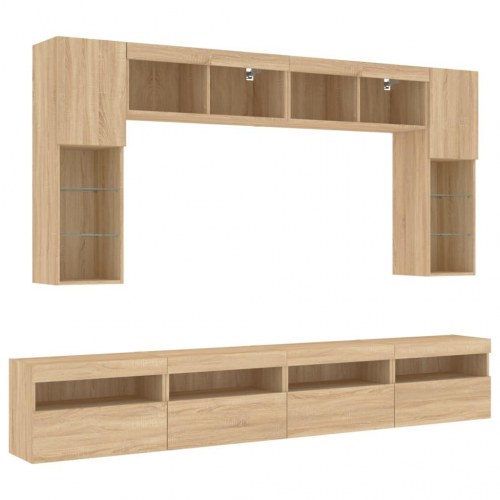 Væghængt tv-møbel 8 dele med LED-lys sonoma-eg