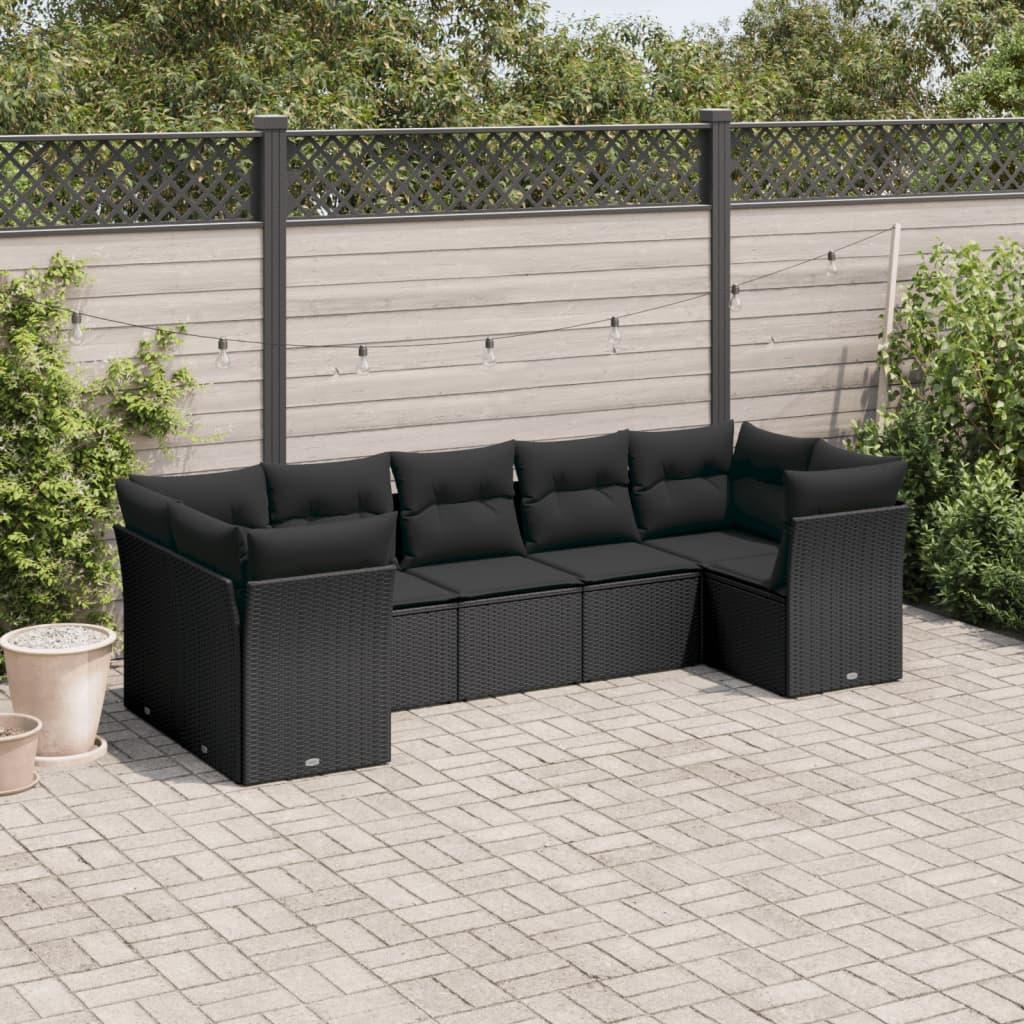 Sofasæt til haven i polyrattan - 7 dele med hynder, sort