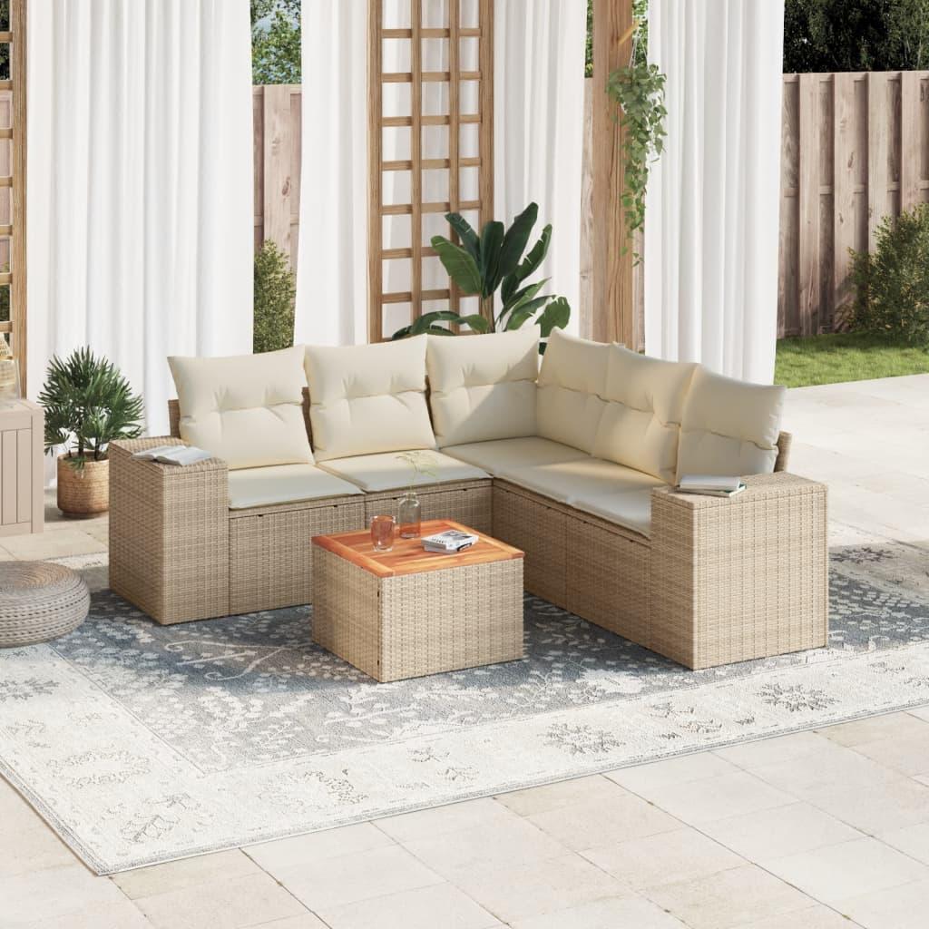 Sofasæt til haven 6 dele med hynder i polyrattan og bord - beige