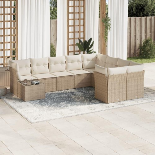Sofasæt til haven 10 dele med hynder og glasbord i polyrattan - beige