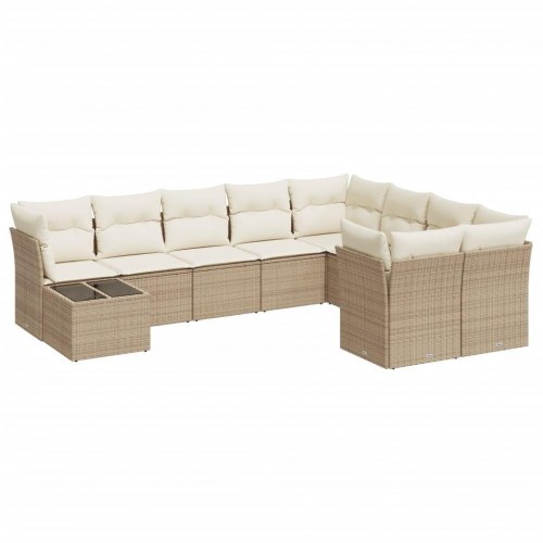 Sofasæt til haven 10 dele med hynder og glasbord i polyrattan - beige