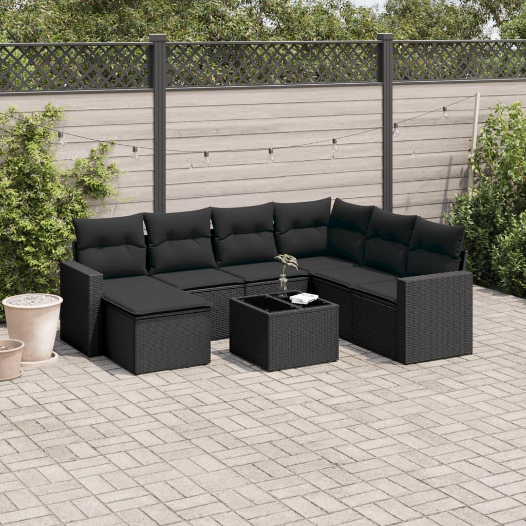 Sofasæt til haven i polyrattan - 8 dele med hynder, sort