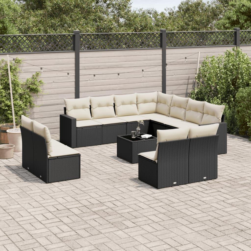 Sofasæt Til Haven 11 Dele Med Hynder Polyrattan Beige - Sort og cremefarvet / Med bord