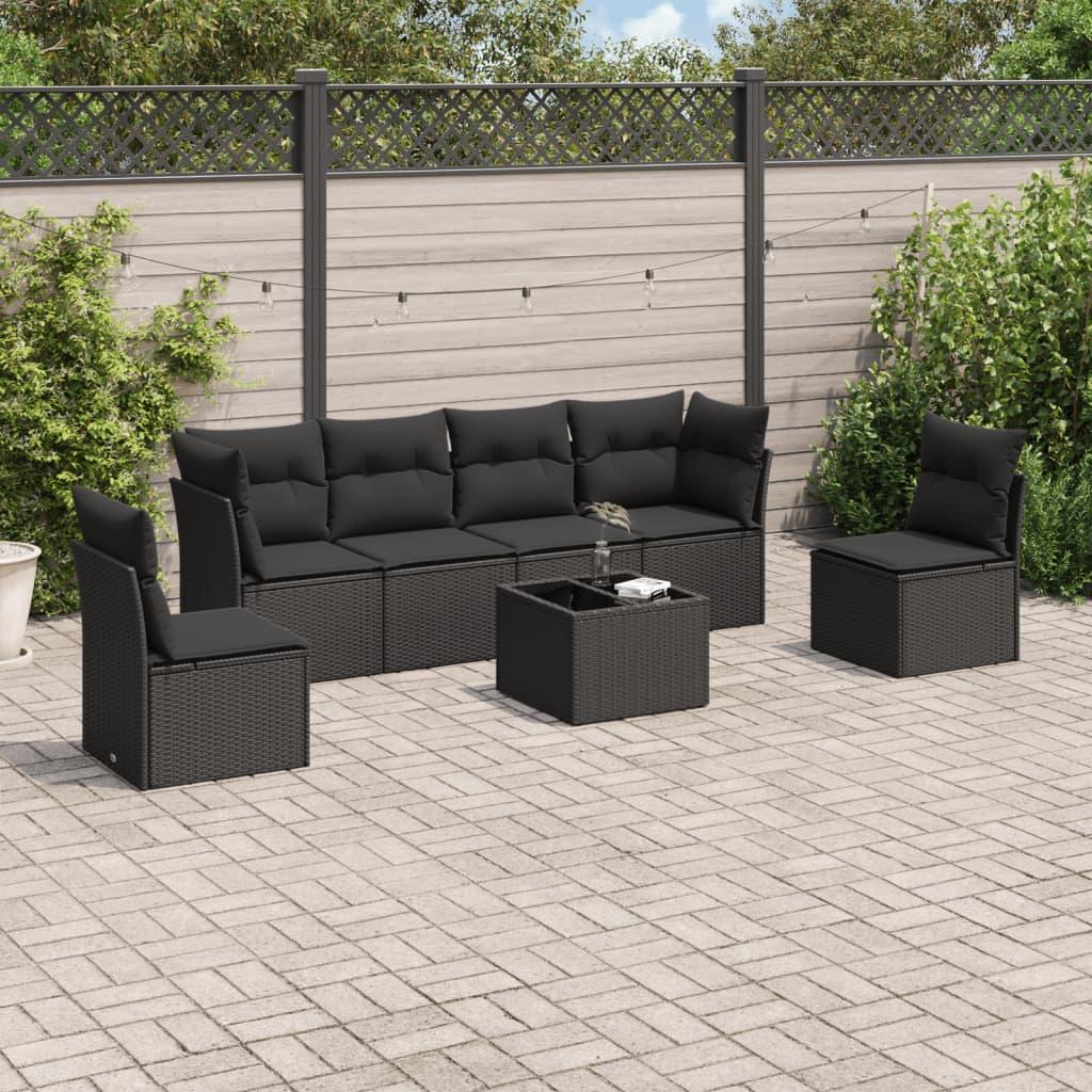 Sofasæt til haven i polyrattan - 7 dele med hynder, sort