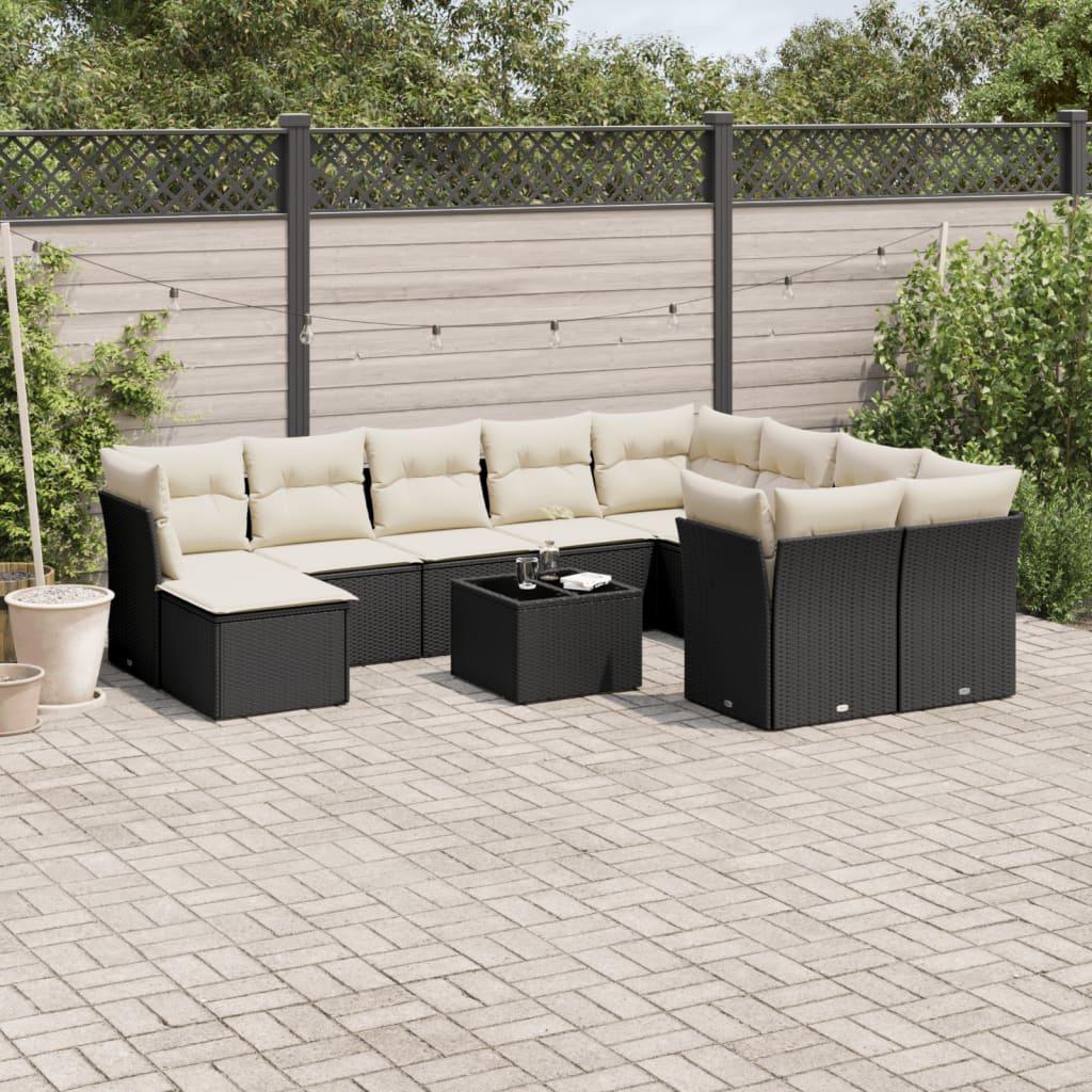 Sofasæt til haven i polyrattan - 11 dele med hynder, sort/creme