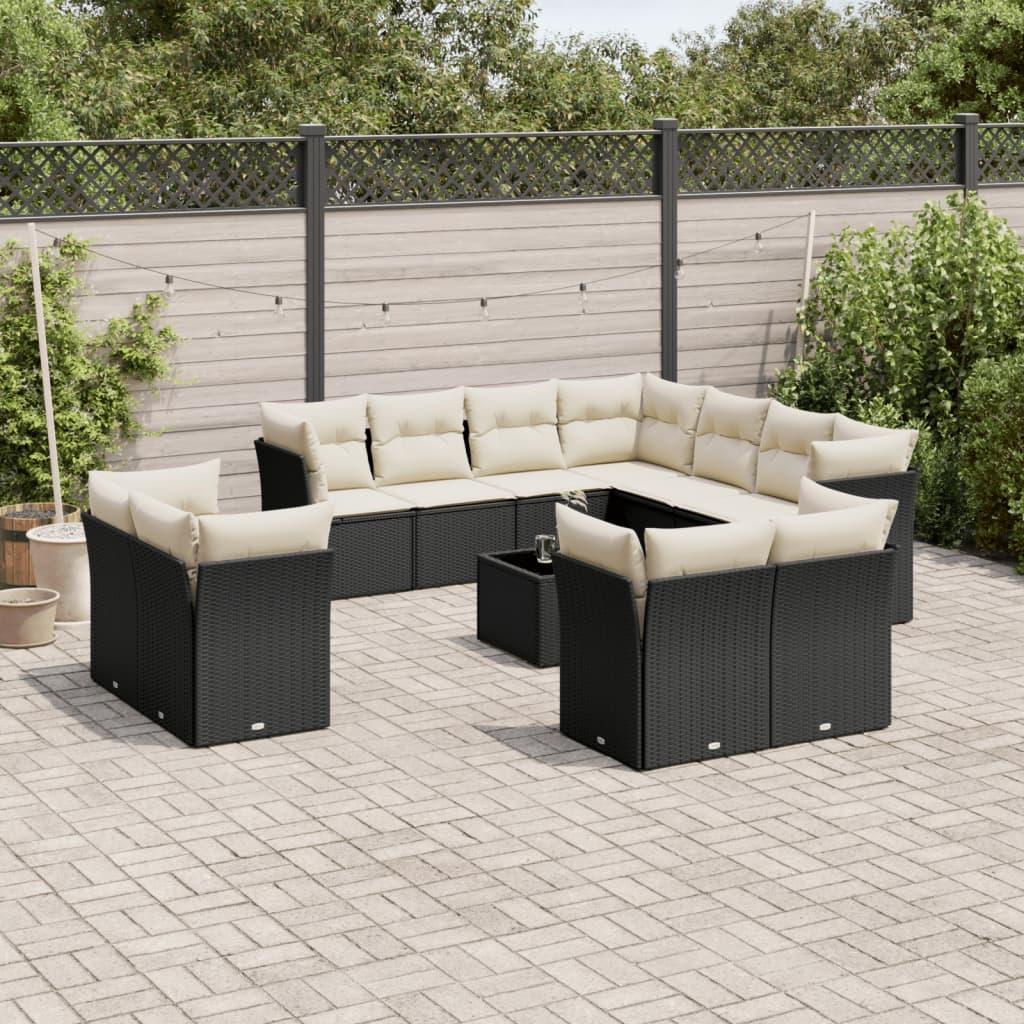 Sofasæt Til Haven 12 Dele Med Hynder Polyrattan - Sort og cremefarvet / Med bord