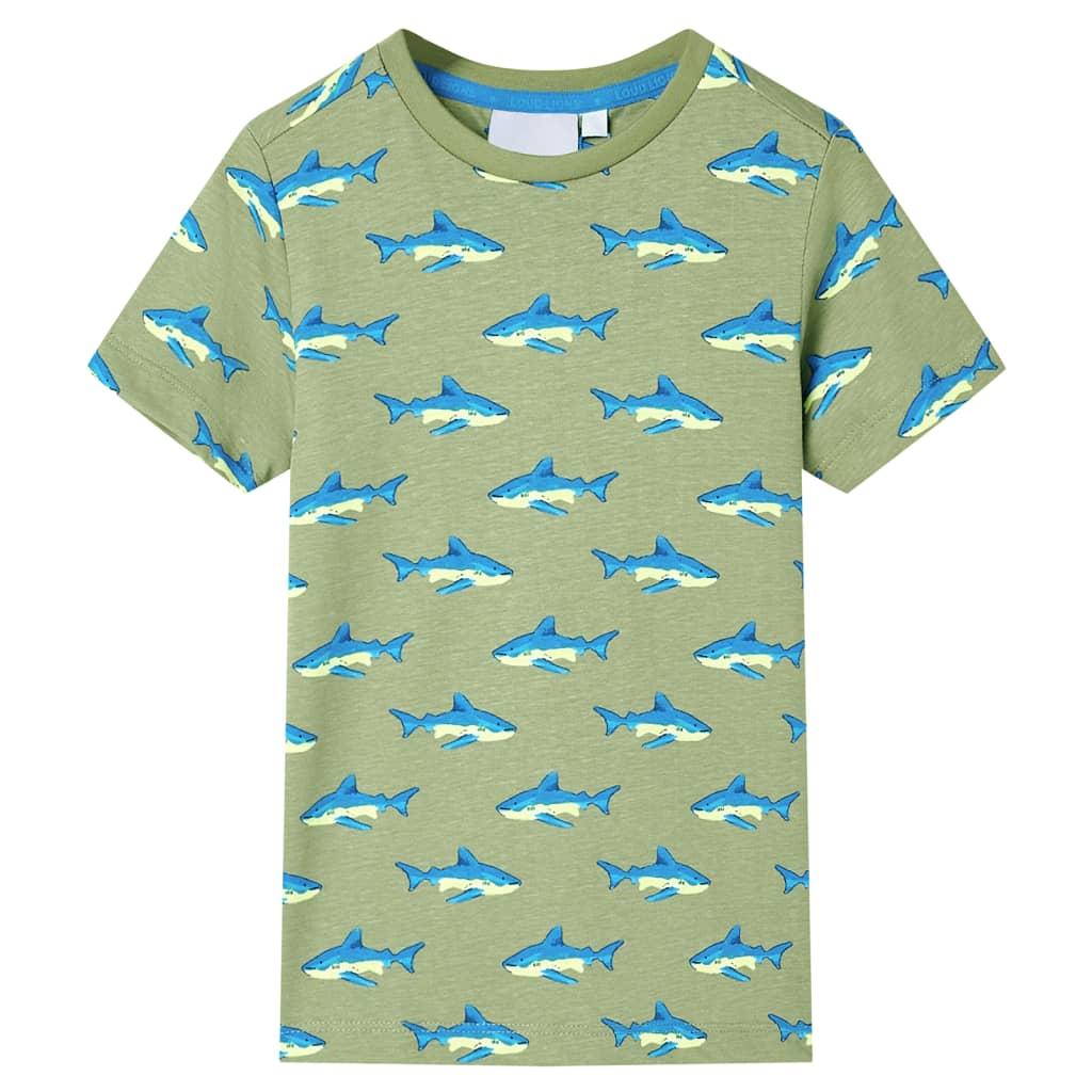T-shirt til børn str. 104 - lys kakifarve med hajprint