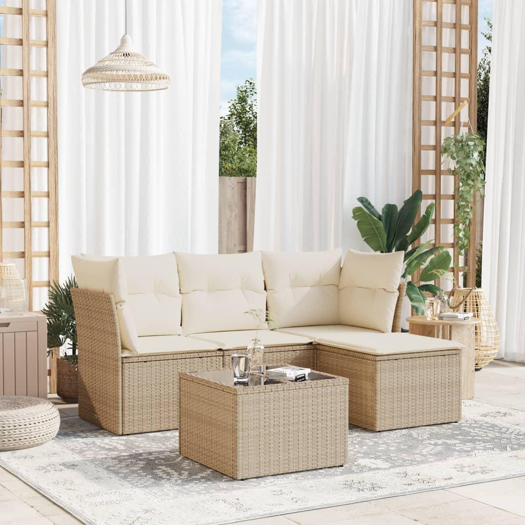 Sofasæt til haven 5 dele med hynder og glasbord i polyrattan - beige