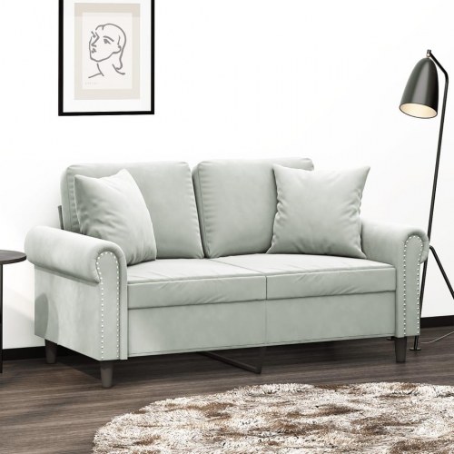 2-personers sofa i velour med pyntepuder 120 cm - lysegrå