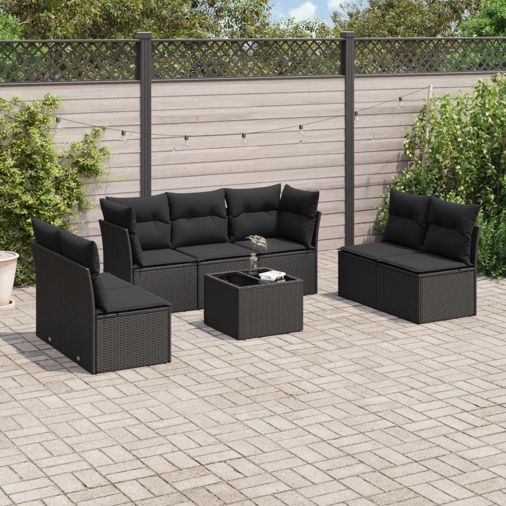 Sofasæt til haven 8 dele med hynder og glasbord i polyrattan sort