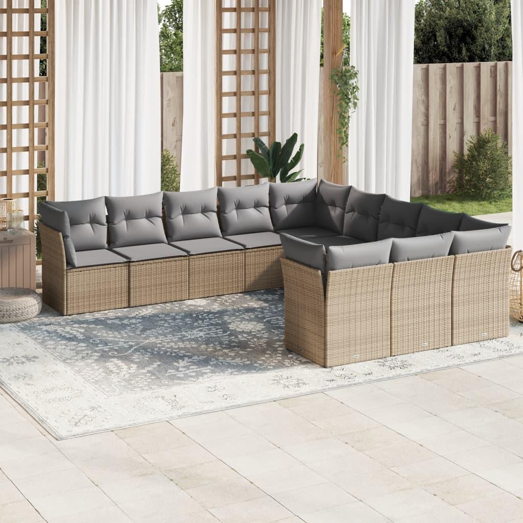 Sofasæt til haven 11 dele med hynder i polyrattan - beige og lysegrå