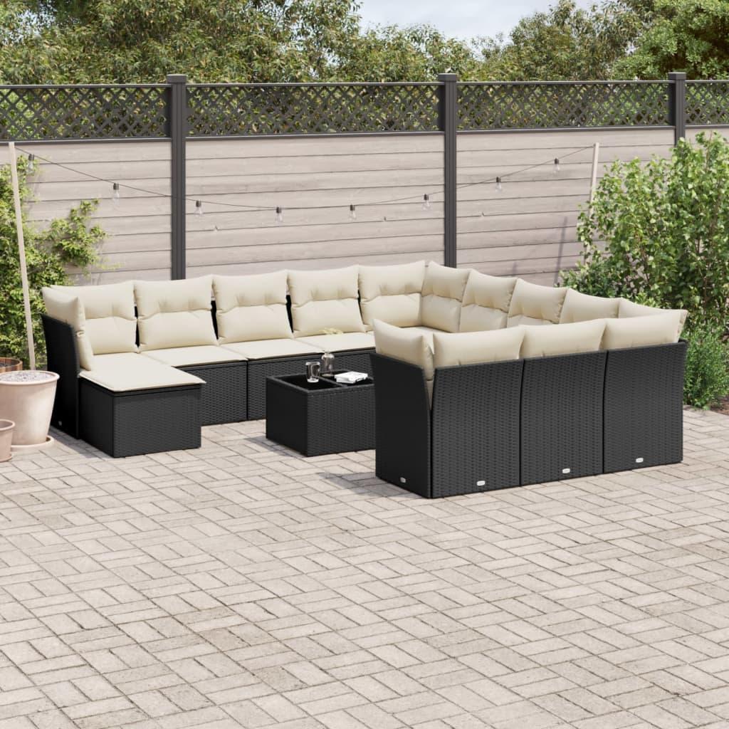 Sofasæt Til Haven 12 Dele Med Hynder Polyrattan - Sort og cremefarvet / Med bord