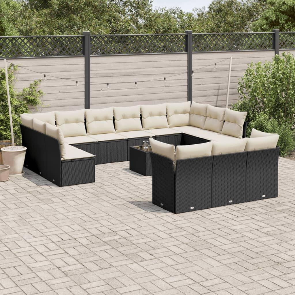 Sofasæt Til Haven 14 Dele Med Hynder Polyrattan Sort - Sort og cremefarvet / Med bord