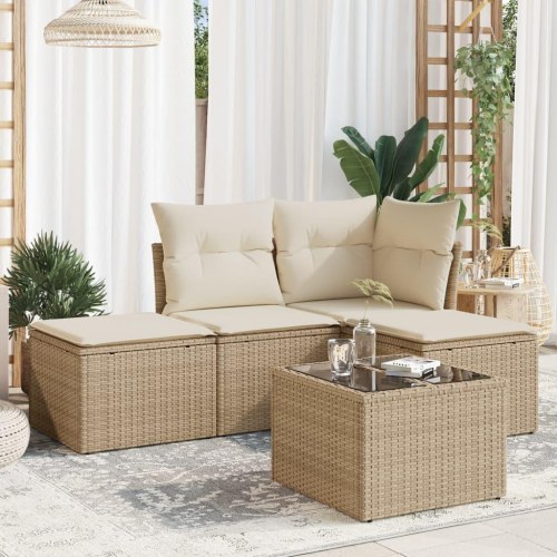 Sofasæt til haven 5 dele med hynder og glasbord i polyrattan beige