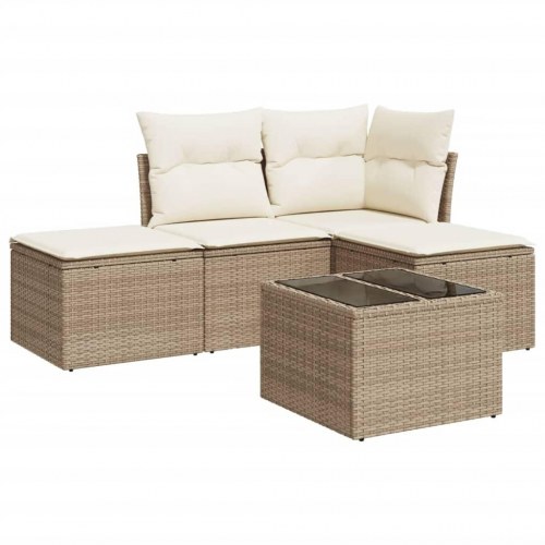 Sofasæt til haven 5 dele med hynder og glasbord i polyrattan beige