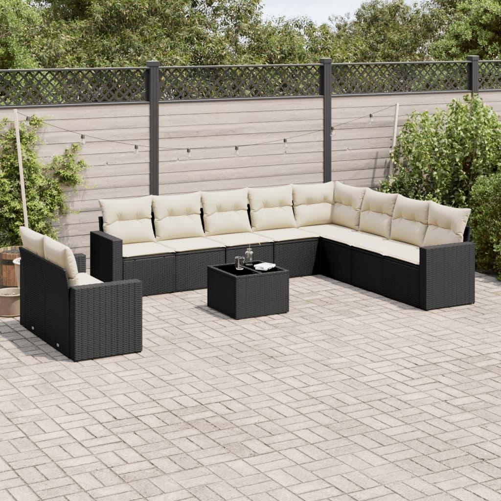 Sofasæt Til Haven 11 Dele Med Hynder Polyrattan Beige - Sort og cremefarvet / Med bord
