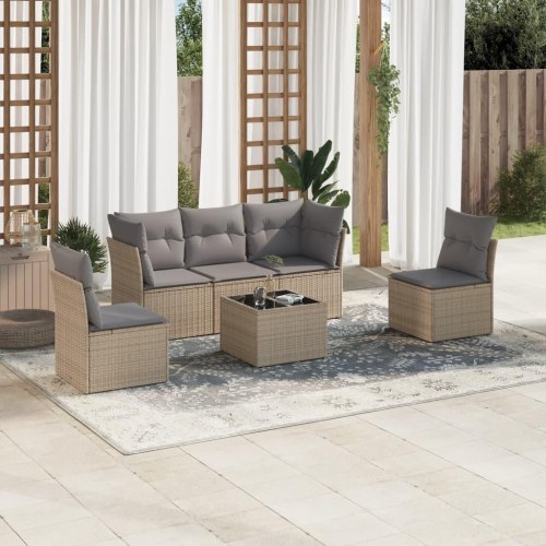 Sofasæt til haven 6 dele med hynder og glasbord i polyrattan beige