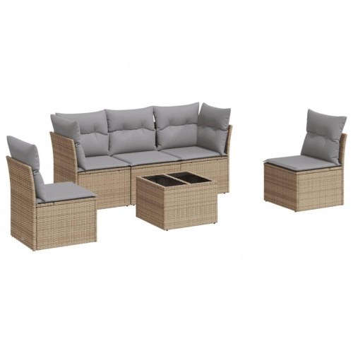 Sofasæt til haven 6 dele med hynder og glasbord i polyrattan beige