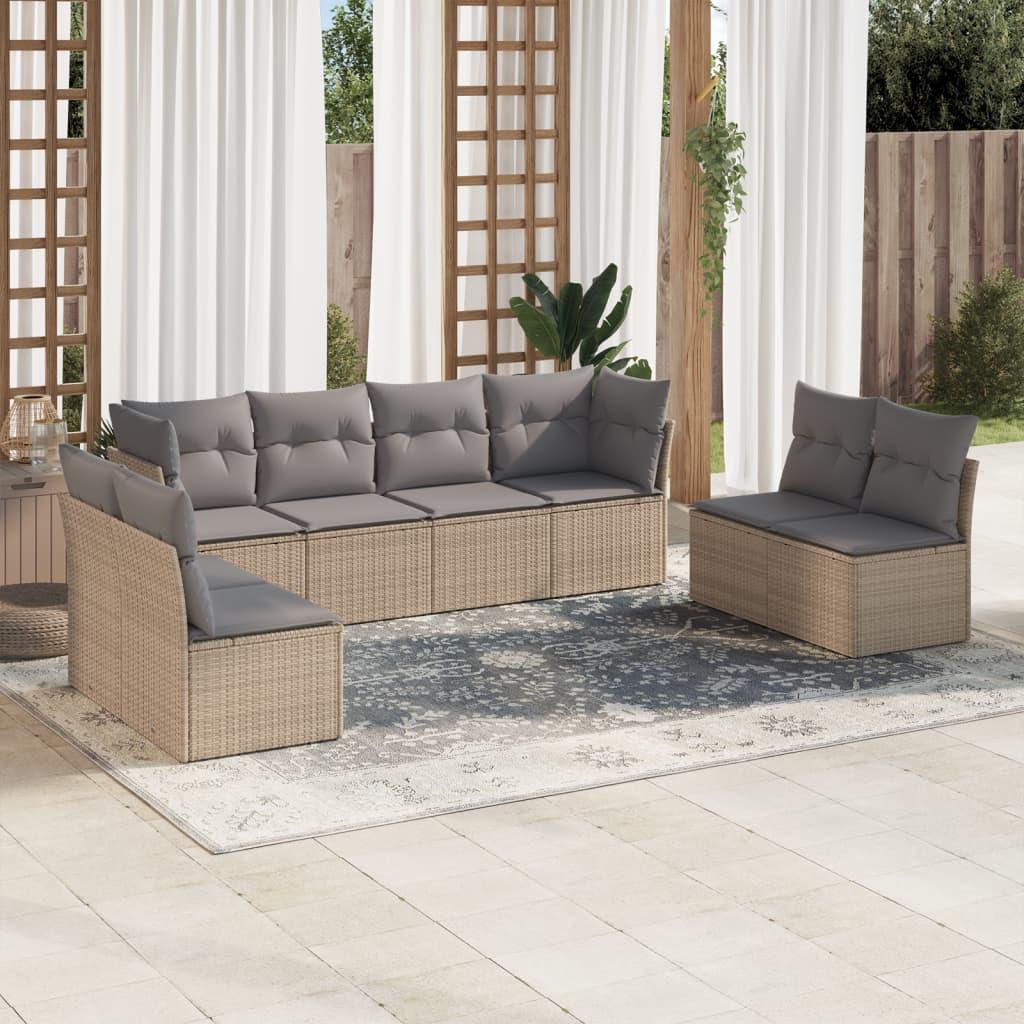 Sofasæt til haven i polyrattan - 8 dele med hynder, beige/lysegrå